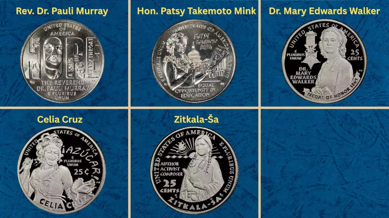 All five 2024 American Women Quarters obverse and reverse showing mint marks